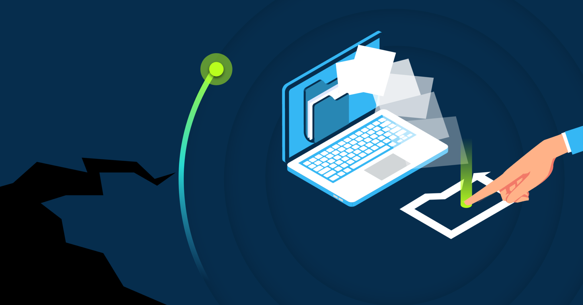 Graphic of hand pressing a folder, with documents flowing from a laptop into the folder to highlight the need for data resilience in 2024.