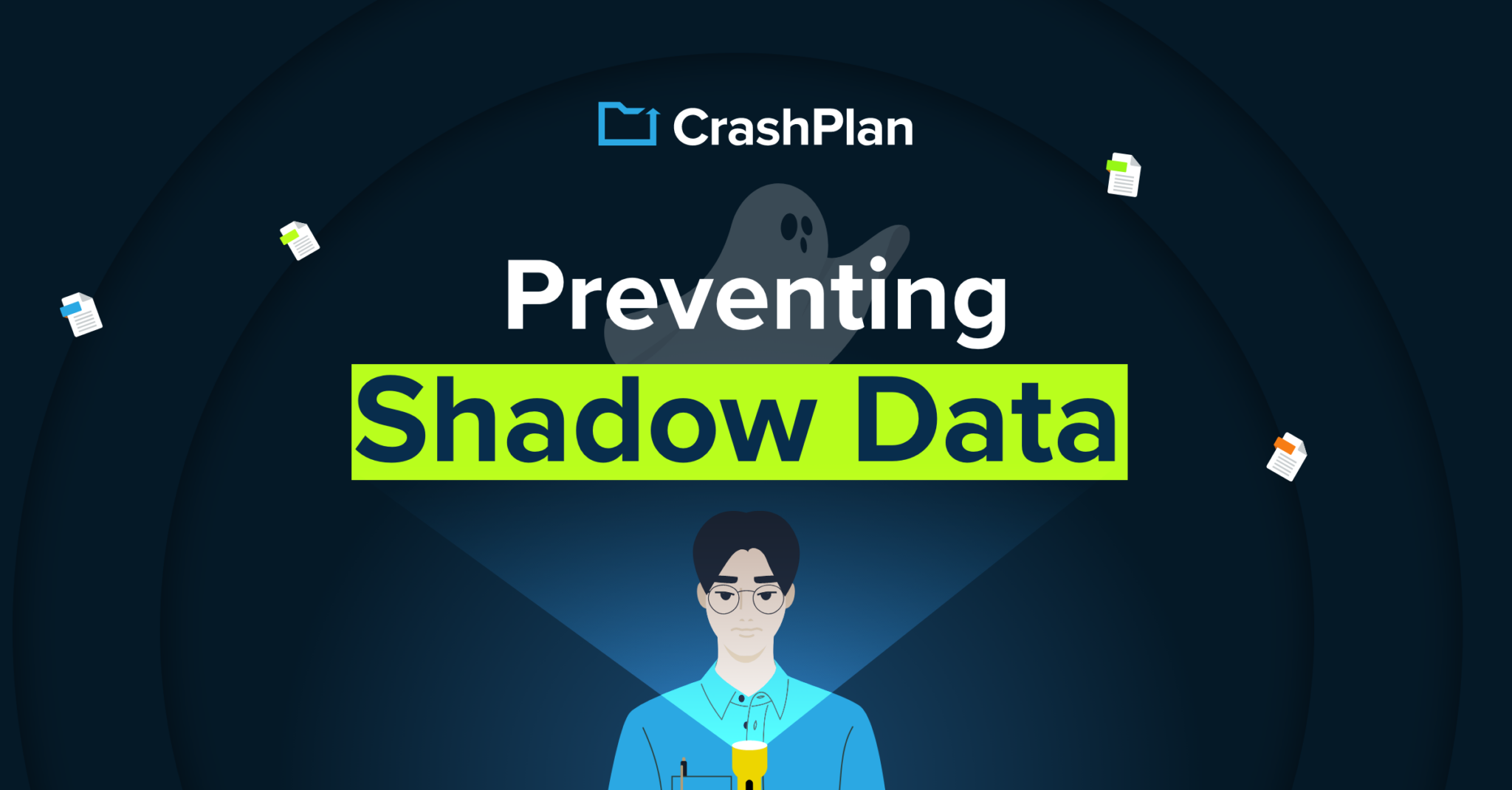 man holding a flashlight below his face a a ghost above him with crashplan logo