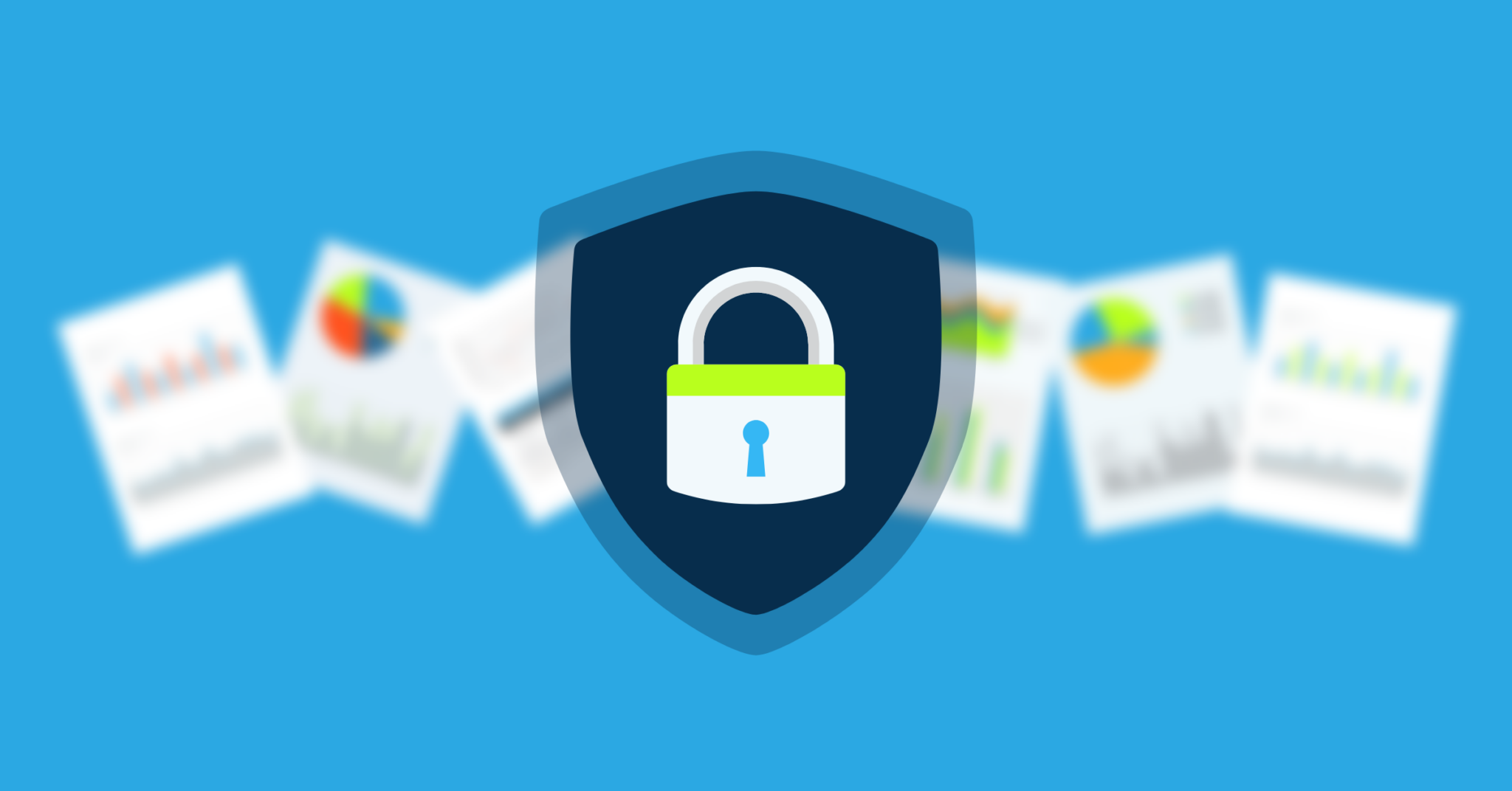 a padlock inside a shield with blurred documents behind it