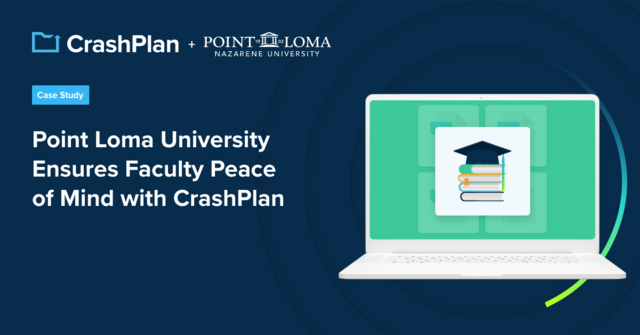 crashplan and point loma logos with a laptop that has books and a graduation cap on the screen