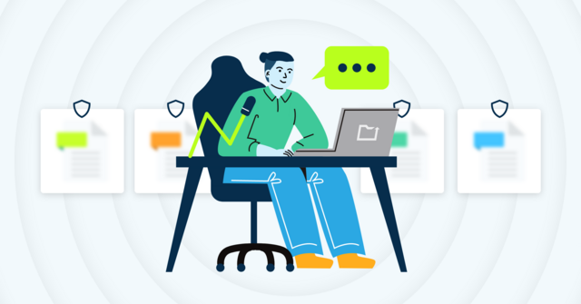 a person working on their laptop and a speech bubble by their face