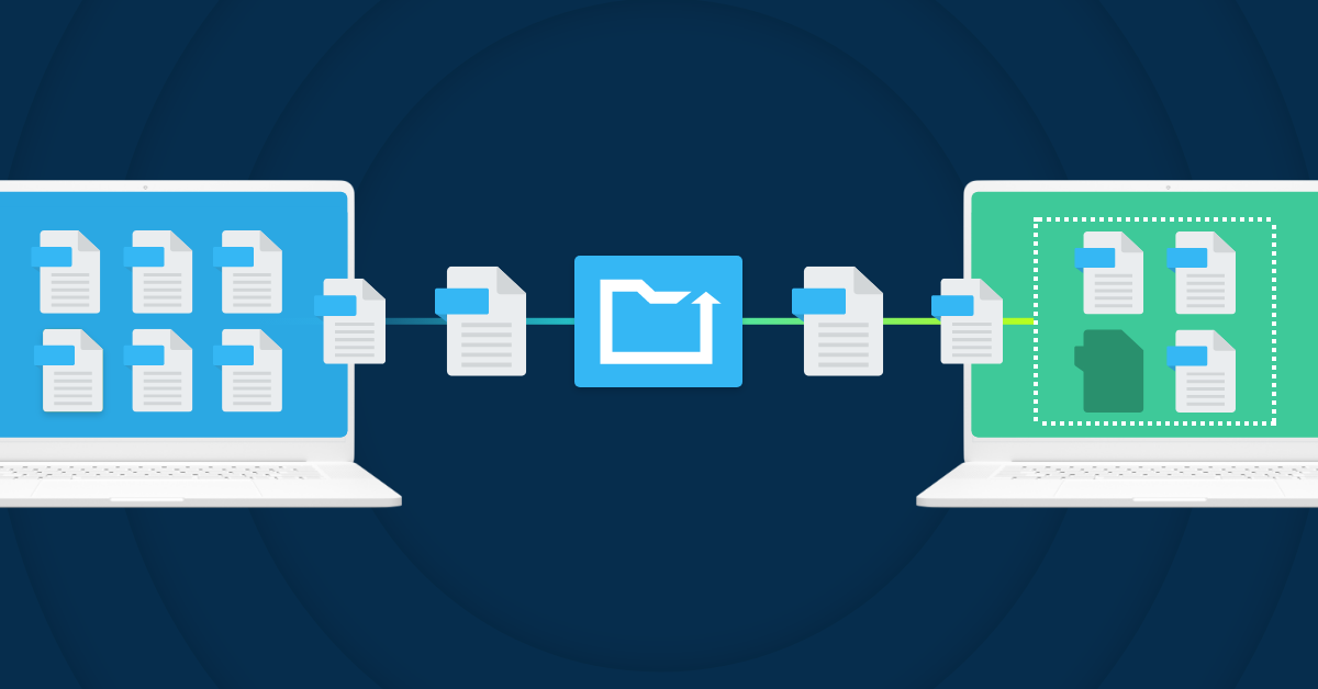 two laptops transferring document files back and forth